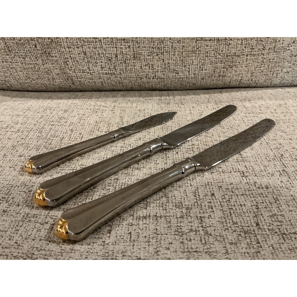 Vintage Silver Tone Knives with Gold Accent Base Set of 3 Dinner Butter Spreader